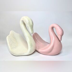 1980s Ceramic Swan Towel Holder pair, iridescent & pink